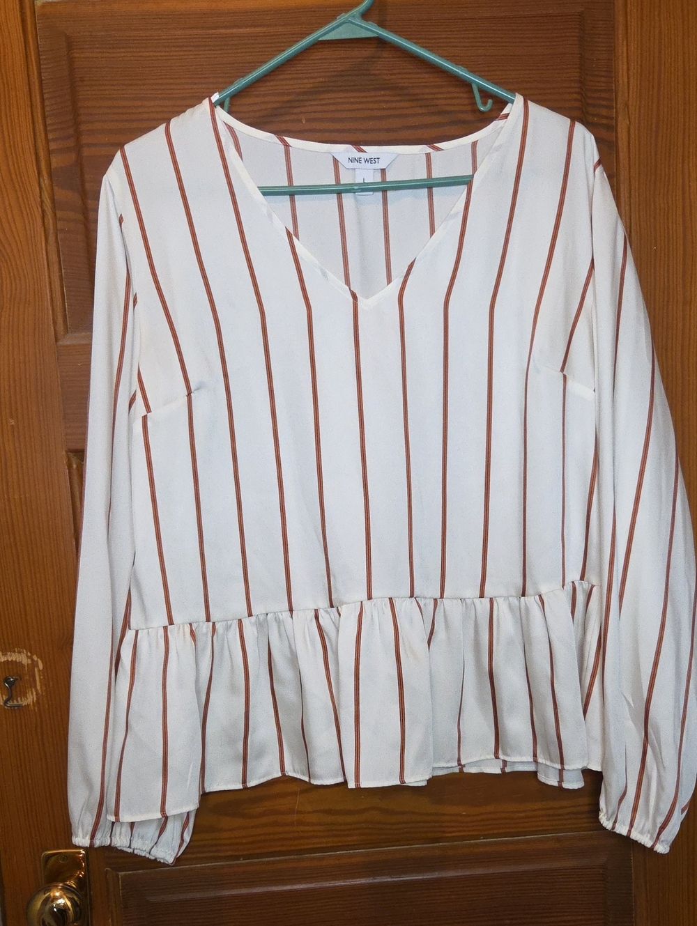 Nine West Cream Blouse with Rust Vertical Stripes and Peplum Hem Business Casual